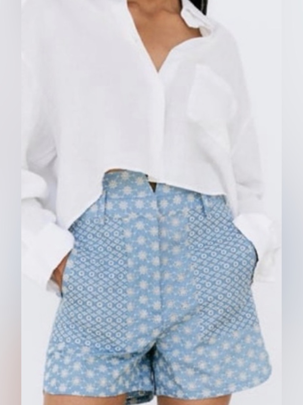 ZARA High-Waisted Blue Eyelet Embroidered Patchwork Shorts XS